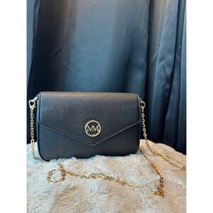 MM Black Saffiano Faux Leather Crossbody Bag Gold Chain Strap Envelope Flap